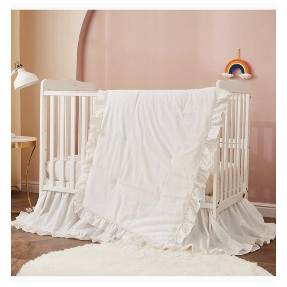 Boho Bohemian Baby Nursery Crib Bed Skirt Dust Ruffle - Neutral Solid Color Whit - Picture 2 of 3